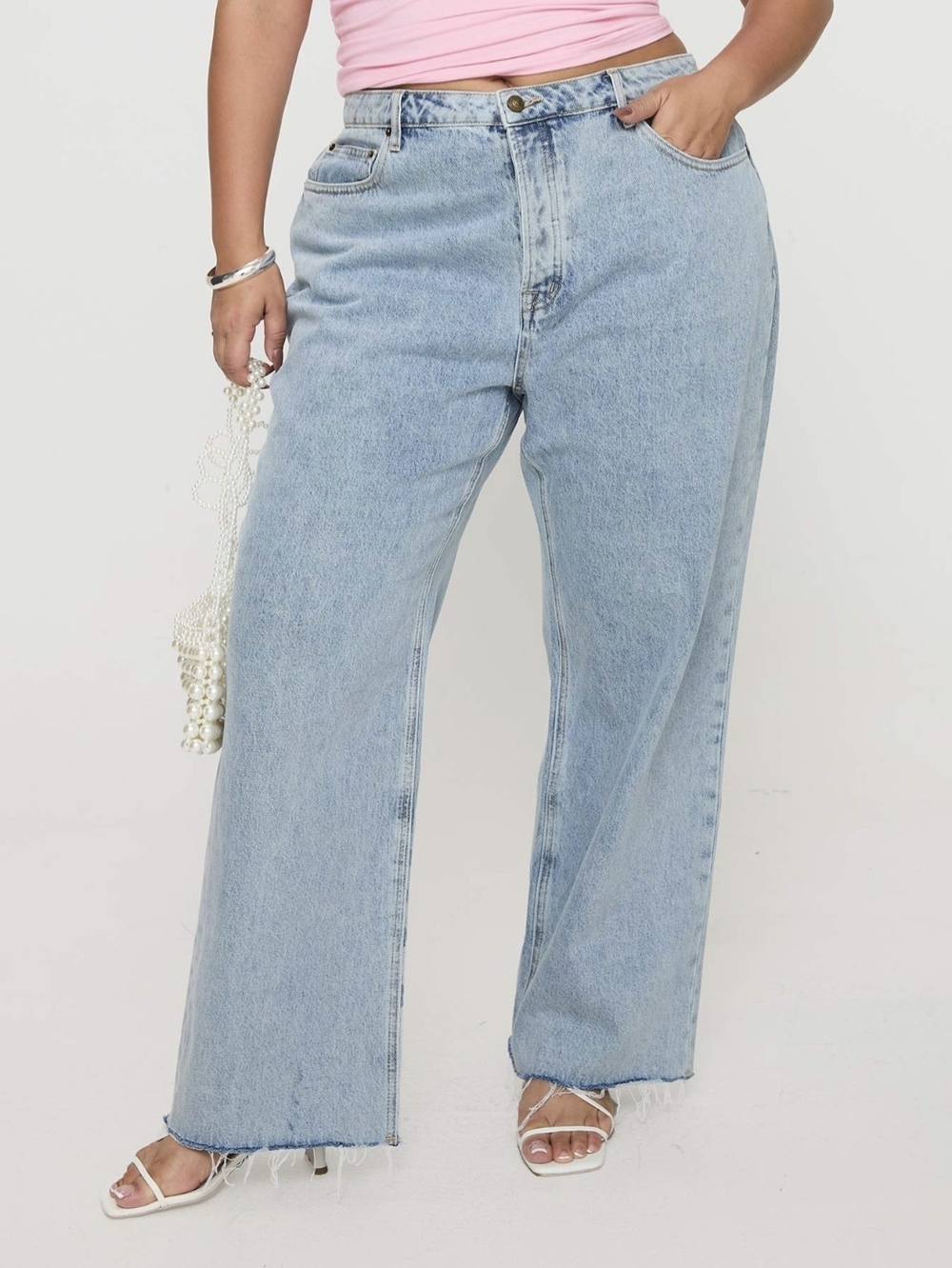 Princess Polly Women's Wide-Leg Jeans Plus Light Blue Denim Raw Hem Pockets 18